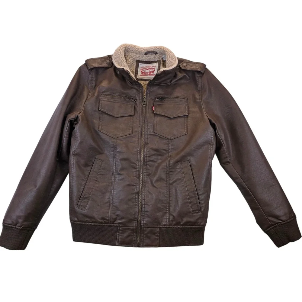Levis Men's Brown Faux Leather Sherpa Lined Bomber Jacket M Full Zip Military